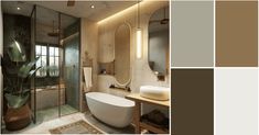 a bathroom with a tub, sink and mirror in it's color palettes