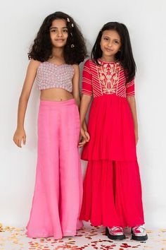 Hot pink floral embroidered yoke peplum tunic. Paired with pleated sharara. - Aza Fashions Hot Pink Floral, Tunic Pattern, Embroidered Tunic, Floral Tunic, Aza Fashion, Half Sleeves, Pink Floral, For Girls, Hot Pink