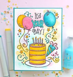 a birthday card with balloons and a cake