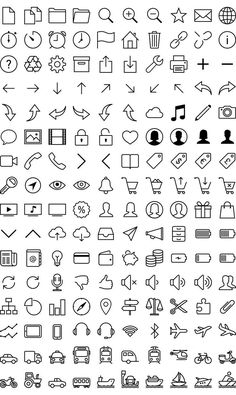 the large set of icons is shown in black and white, including symbols for different types of