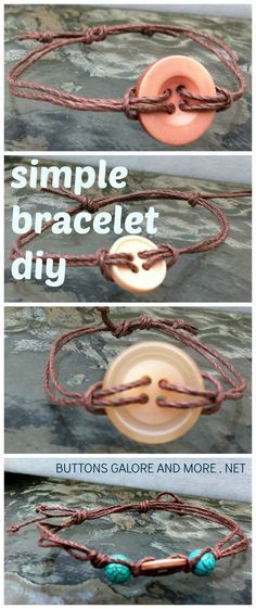 the instructions for how to make an easy bracelet with buttons and leather thread, including beads