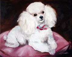 a painting of a white poodle sitting on a pink pillow with its tongue out