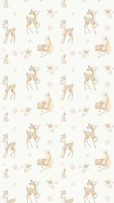 a white wallpaper with deers and flowers on the background, in pastel tones