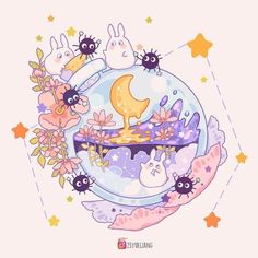 an image of some cute animals in a bubble with flowers and stars around it on a pink background