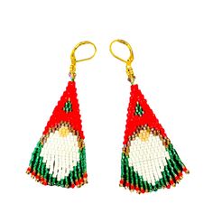 two pairs of beaded christmas decorations hanging from gold - toned earwires