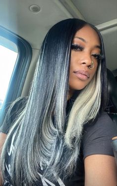 Blonde And Black Hair Color Black Women, Black With 613 Highlights, Black And White Hair On Black Women, Black And Silver Highlights Hair, Highlighted Middle Part Sew In, Black And Grey Sew In Weave, Grey And Black Hair Black Women, Black And Blond Wig, Blond And Black Hair Black Women