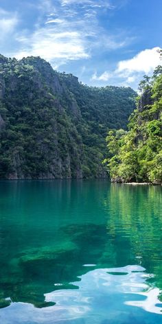 the water is very clear and blue with green trees in the backgrouds