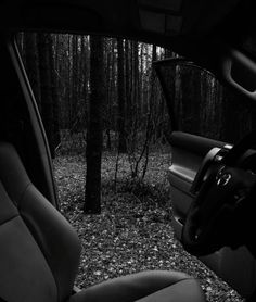 the interior of a car is shown in black and white, with leaves on the ground