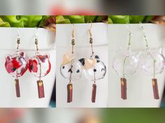 Wind Chime Earrings, Windchime Earrings, Flowers Sakura, Japanese Earrings, Crazy Earrings, Charms Earrings, Leather Scraps, Poppy Flowers, Calico Cat