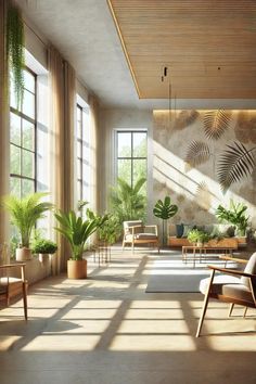 a living room filled with lots of plants and furniture next to large windows on either side of the wall