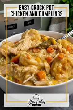 a white bowl filled with chicken and dumplings next to an instant pressure cooker