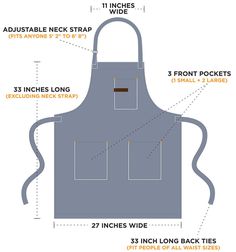 an apron with measurements and instructions for how to use the front pocket, back pockets, and