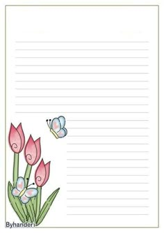 a notepad with flowers and butterflies on the page, which is lined in lines