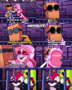 an animated comic strip with pink hair and sunglasses