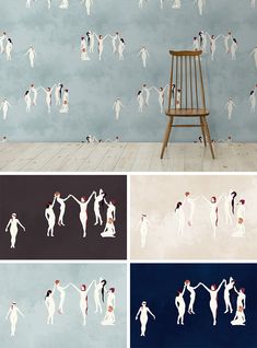 four different wallpapers with people in white and black on them, one has a rocking chair