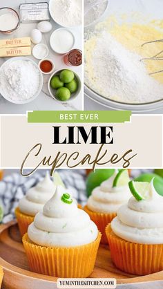 lime cupcakes with white frosting and green sprinkles on top