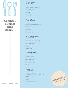 the menu for lunch is shown in blue and white