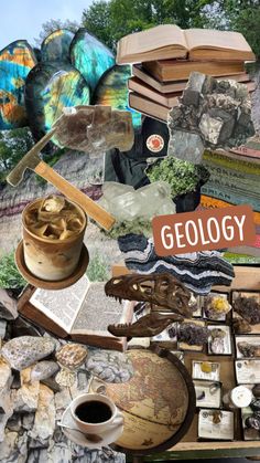 a collage of various objects including books, rocks and other items with the word geology written on them