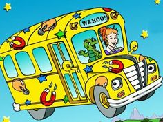 a yellow school bus flying through the air with stars on it's side and cartoon characters