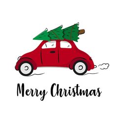 a red car with a christmas tree on the roof and merry christmas written in black ink