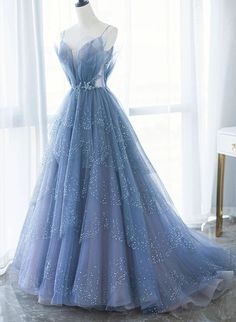 Blue Tulle Gorgeous V Neck Long Prom Dress Outfits For Girls Light Blue A-line Prom Evening Dress, Blue A-line Evening Dress For Banquet, Blue A-line Evening Dress For Spring, Blue A-line Dress For Prom, Blue A-line Ball Gown For Formal Occasions, Blue A-line Tulle Evening Dress, Blue Tulle Ball Gown For Prom, Blue A-line Tulle Dress, Spring Blue Ball Gown Dress