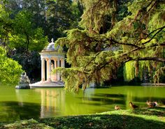 the pond is full of ducks and trees in front of a white gazebo with statues on it