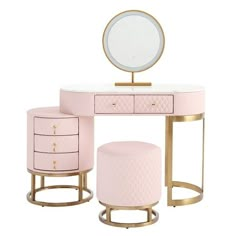 a pink vanity with two stools and a round mirror on the top one side