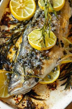 baked fish with lemons and herbs in a baking dish