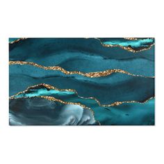 an abstract painting with gold glitters on the edges and teal blue water waves