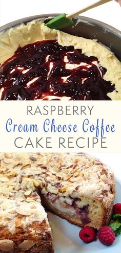 raspberry cream cheese coffee cake recipe on a plate with the rest of the cake