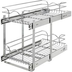 two metal shelves with baskets on each shelf