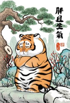 a tiger sitting on top of a rock in front of a tree with chinese writing