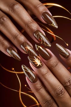 🍁 Fall Nails with Golden Leaf Accents Design Fall Nails, Power Nails Design, Fall Nail Photography, 90s Fall Nails, Bronze Fall Nails, Autumn Nails With Gold, Almond Nail Art Fall, Brown With Gold Nails, Fall Short Nail Colors