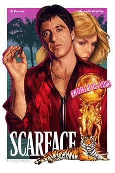 the poster for scarface starring actors from left to right, john krass and elizabeth