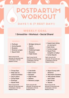 the postpartum workout plan is shown in pink and white, with an orange background