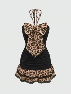 Y2K Low-Waist Leopard Print Bowknot Ruffled Bodycon Mini Dress For Women Black Casual  Sleeveless Fabric Colorblock,Leopard Print,Textured Pattern Cami Medium Stretch  Women Clothing, size features are:Bust: ,Length: ,Sleeve Length: Kawaii Y2k, Ruffle Bodycon, Mini Robes, Mini Dresses For Women, Mini Slip Dress, Halterneck Dress, Inspiration Mode, Kpop Outfits, Bra Women