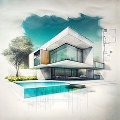 a drawing of a house with a swimming pool