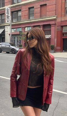 Red Jacket Full Red Outfit, Red Fall Outfits, Dark Red Leather Jacket, Outfits With Red, Brit Harvey, Thrift Ideas, Haircut Selfie, Fits Fall