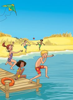 children are playing on the dock at the beach