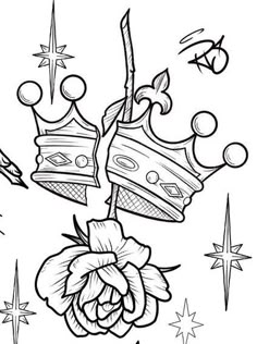 a black and white drawing of two crowns on top of each other with stars in the background