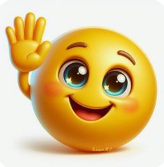 an emoticive smiley face with one hand in the air