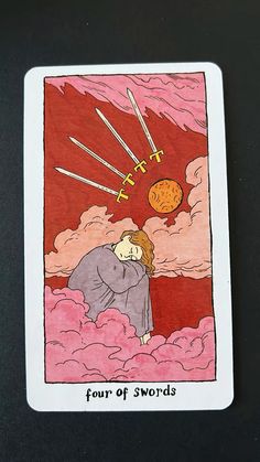 the four of swords tarot card is shown in red and pink colors, with two swords sticking out of it