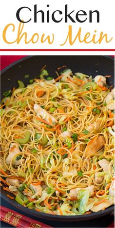 chicken chow mein in a skillet with noodles and vegetables on the side, before and after being cooked