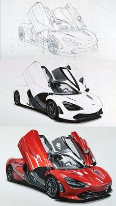 two different views of a red and white sports car