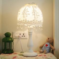 Pastoral Dome Night Table Lamp: White Lace Decor Perfect For Girls Bedroom Nightstand Cream Drapes, Night Table Lamps, Styl Shabby Chic, Led Desk Lighting, Nightstand Light, Light Girls, Style Shabby Chic, Table Led, Nightstand Lamp