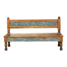 an old wooden bench with blue paint on the back and sides, against a white background