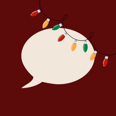 a white speech bubble with christmas lights hanging from it's sides on a red background