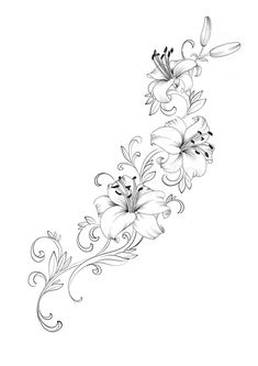 a line drawing of flowers with swirls and leaves on the bottom half of it