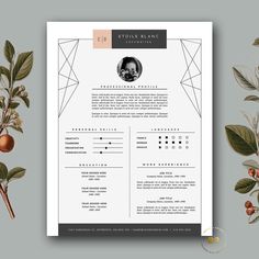 a modern resume template with flowers and leaves on the side, including an image of a woman's face