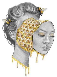 a drawing of a woman's face with honeycombs on her head and bees flying around